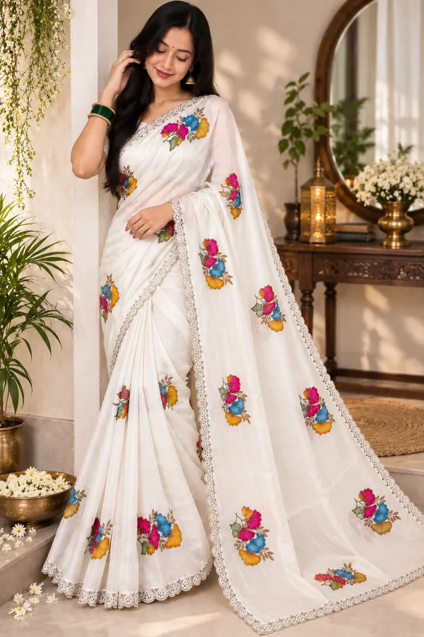 White_Floral_Lace_Border_Saree_For_Women