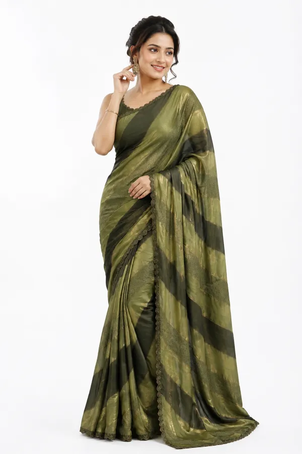 Olive_Green_Striped_Saree_With_Sleeveless_Blouse_For_Women