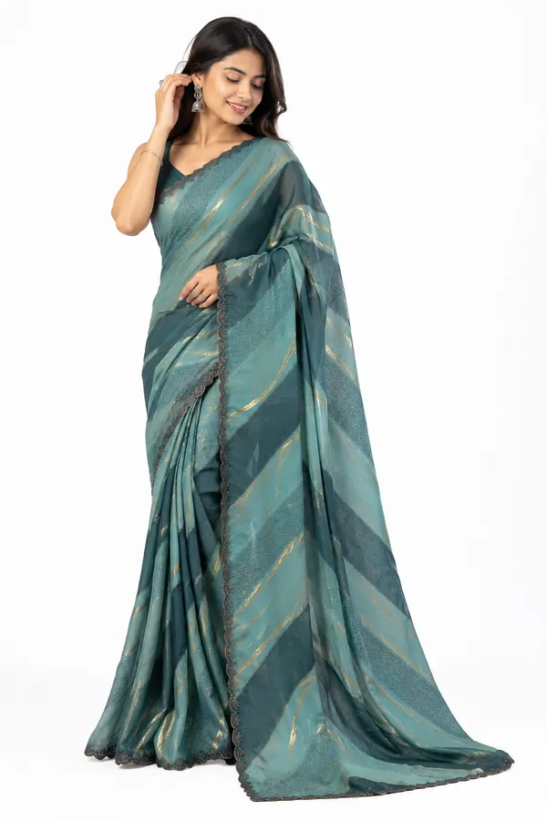 Teal_Satin_Digital_Print_Embellished_Striped_Saree_For_Women
