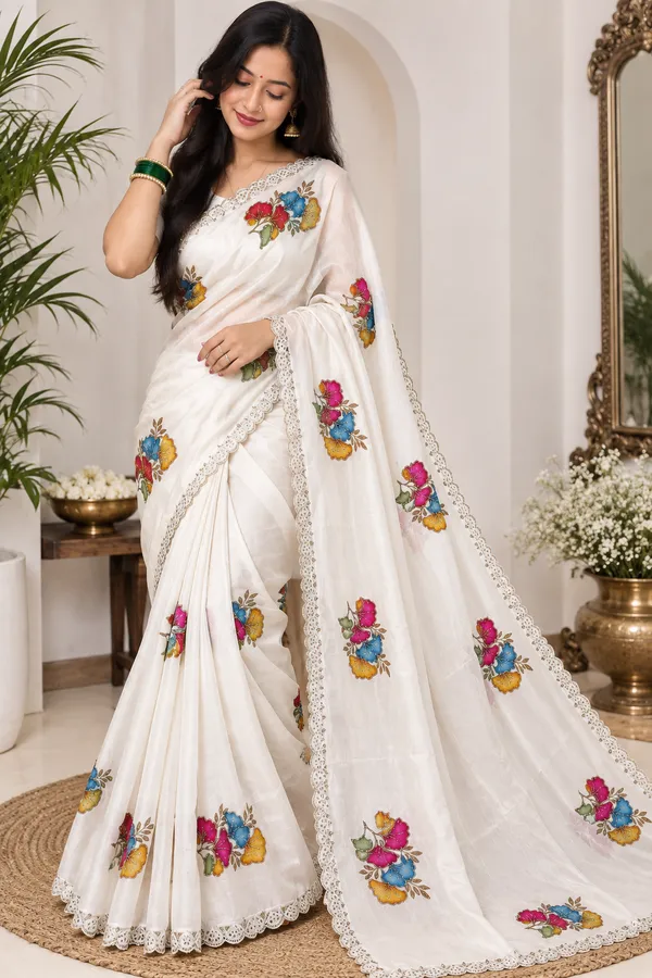 White_Floral_Lace_Border_Saree_For_Women