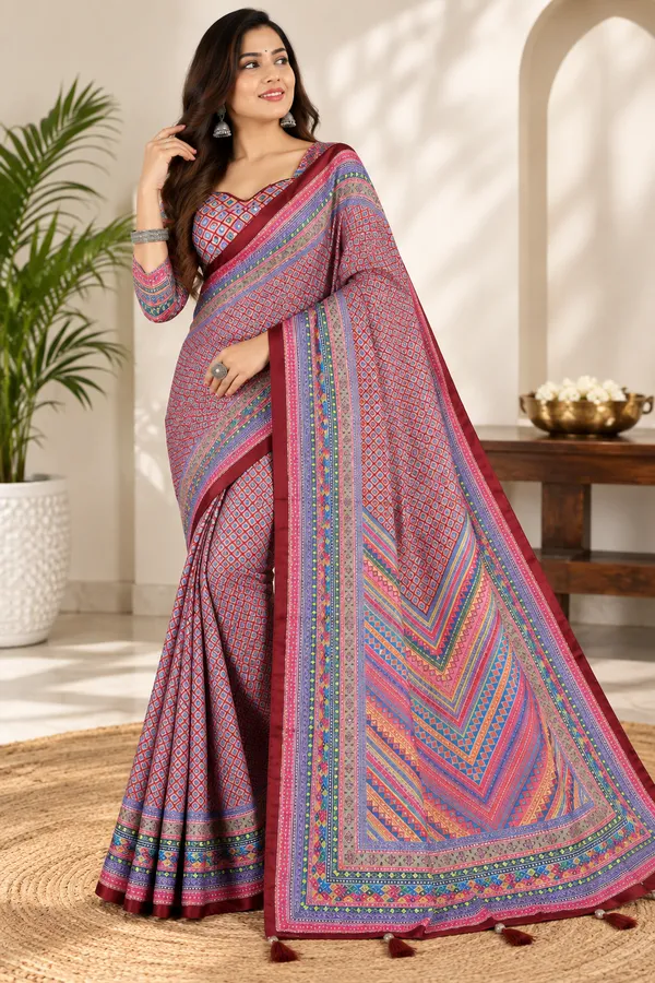 Pink_Satin_Digital_Print_Aari_Mirror_Work_Geometric_Saree_For_Women