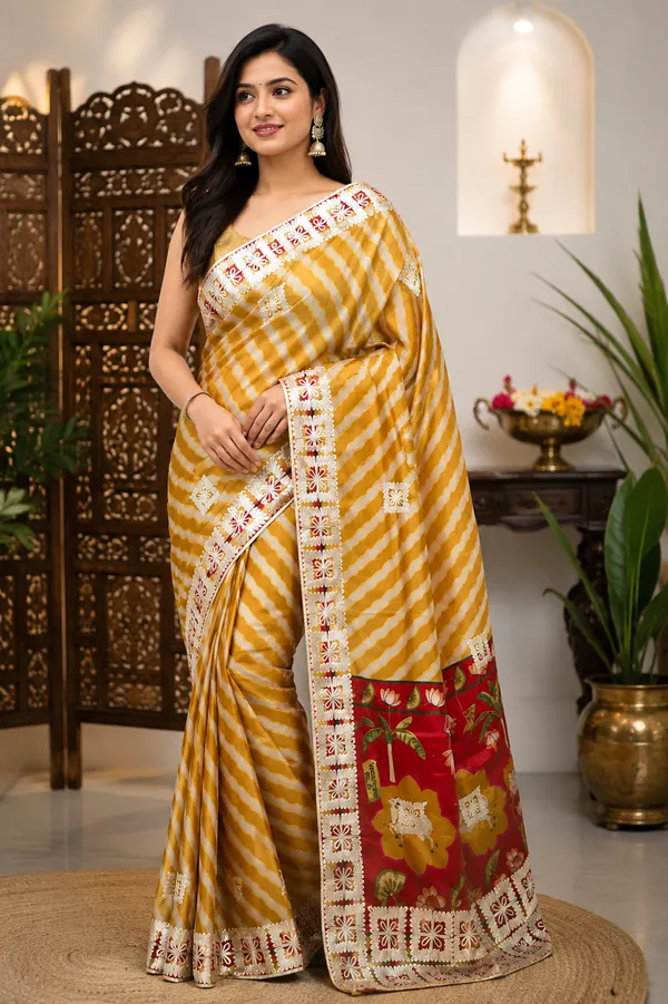 Mustard_Chinon_Gota_Patti_Embroidered_Striped_Saree_For_Women