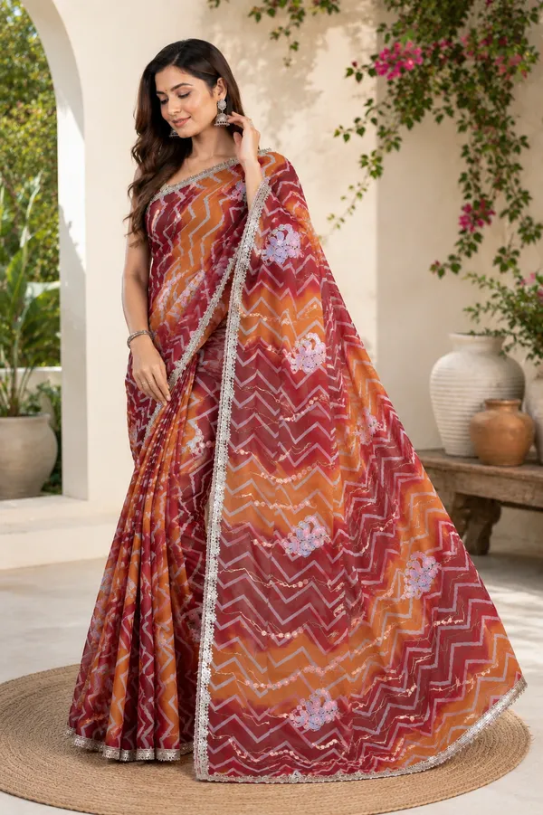 Maroon_Orange_Printed_Saree_For_Women