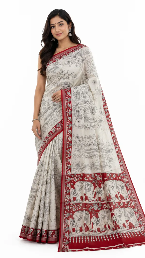 Cream_Printed_Saree_With_Red_Border_for_Women