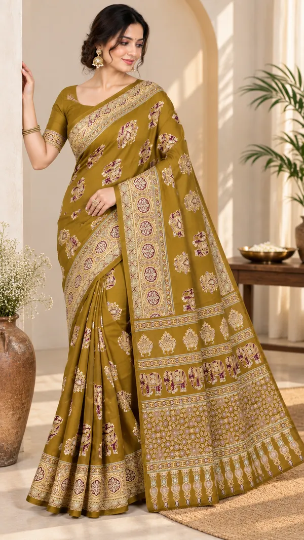 Mustard_Traditional_Printed_Saree_For_Women