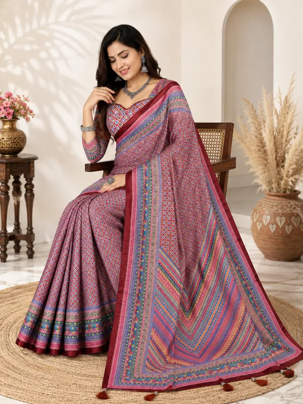 Pink_Satin_Digital_Print_Aari_Mirror_Work_Geometric_Saree_For_Women