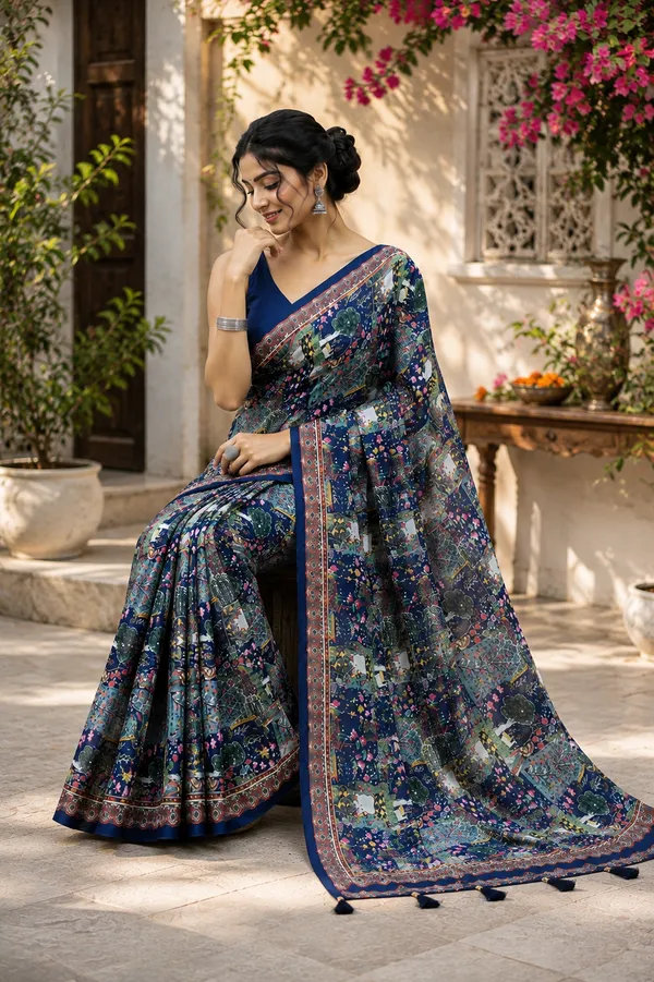 Navy_Blue_Floral_Print_Saree_For_Women