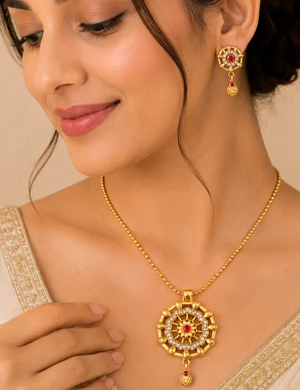 Gold_Brass_Stone_Studded_Circular_Pendant_Earrings_Set_For_Women