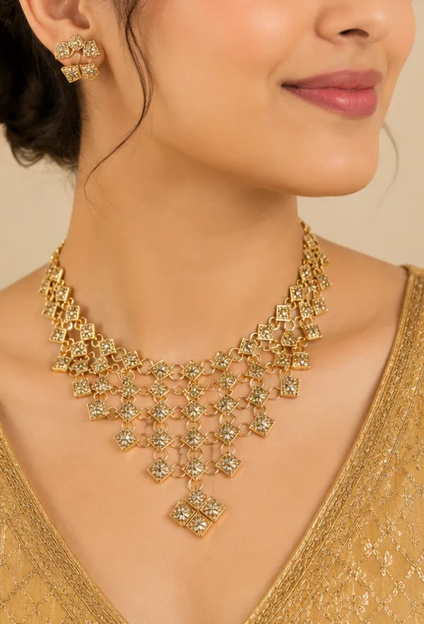 Gold_Brass_Geometric_Square_Motif_Necklace_Earrings_Set_For_Women