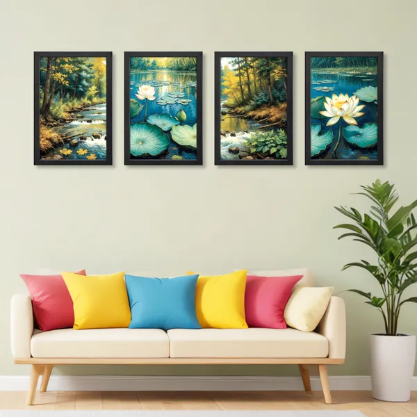 Lotus_Pond_&_Forest_Landscape_Wall_Art_Set_(_Set_of_4)