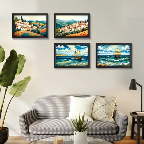 Sailing_Ships_&_Colorful_Village_Wall_Art_(_Set_of_4)