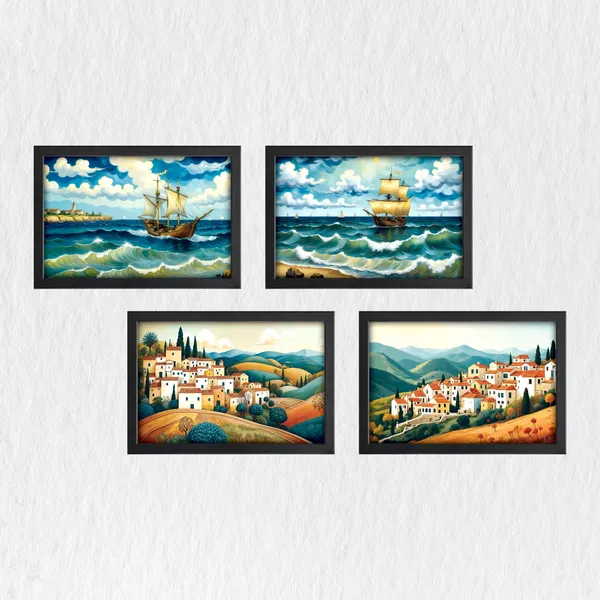 Sailing_Ships_&_Colorful_Village_Wall_Art_(_Set_of_4)