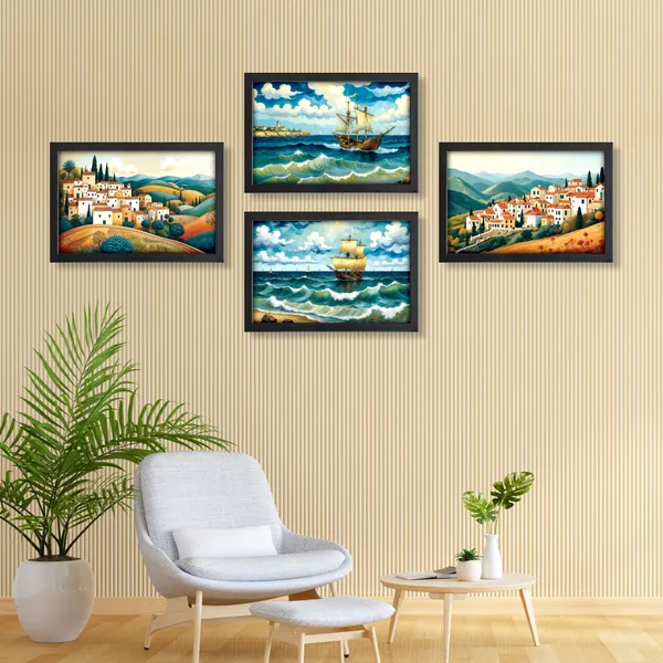 Sailing_Ships_&_Colorful_Village_Wall_Art_(_Set_of_4)