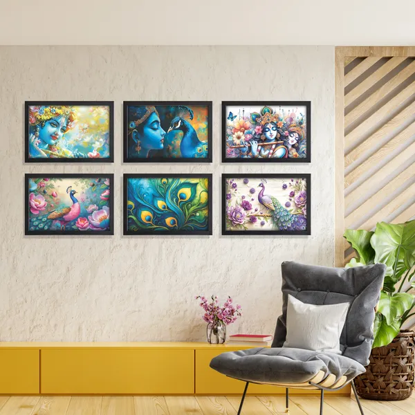 Krishna,_Peacock_&_Floral_Beauty_Wall_Art_Collection_(Set_of_6)