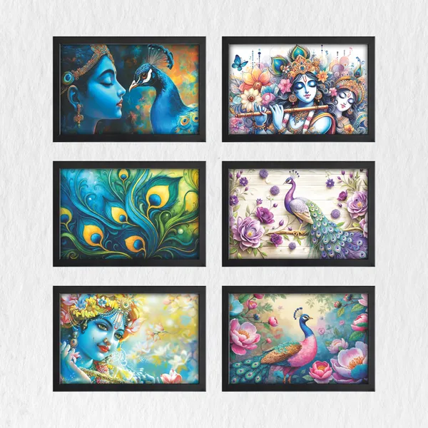 Krishna,_Peacock_&_Floral_Beauty_Wall_Art_Collection_(Set_of_6)