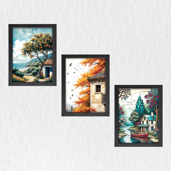 Lakeside_Cottage_&_Autumn_Landscape_Paintings_(Set_of_3)