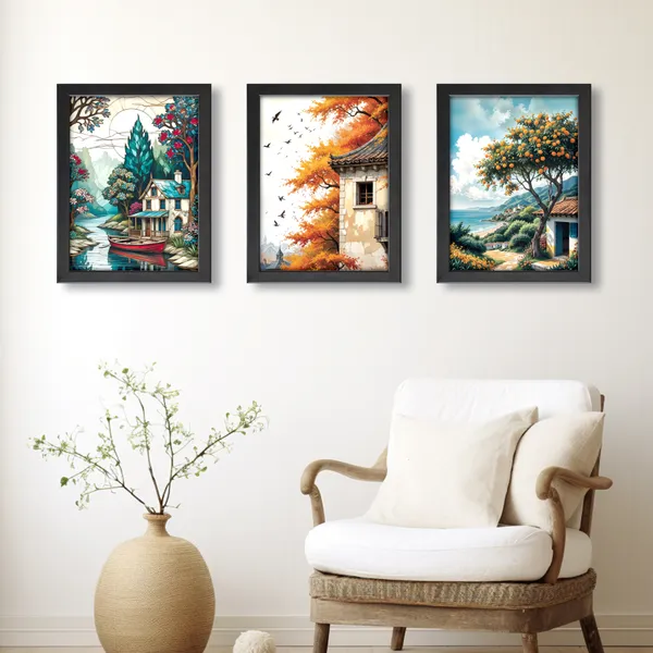 Lakeside_Cottage_&_Autumn_Landscape_Paintings_(Set_of_3)