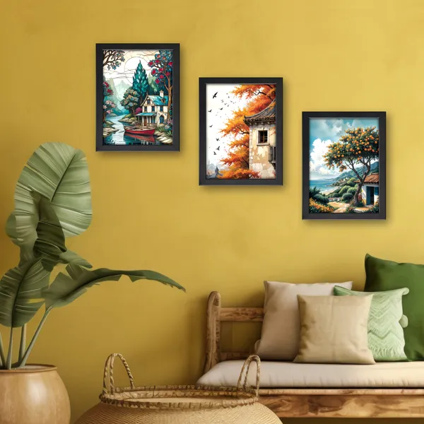 Lakeside_Cottage_&_Autumn_Landscape_Paintings_(Set_of_3)