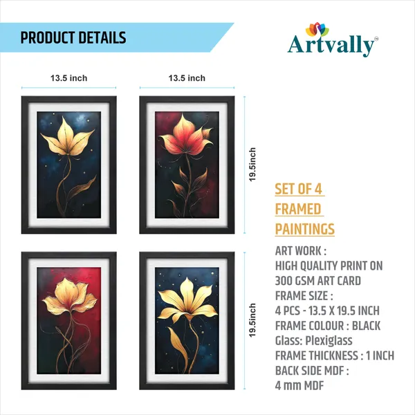 Golden_Flower_Wall_Decor_for_Leving,_Bed,_Office_Room_(Set_of_4)