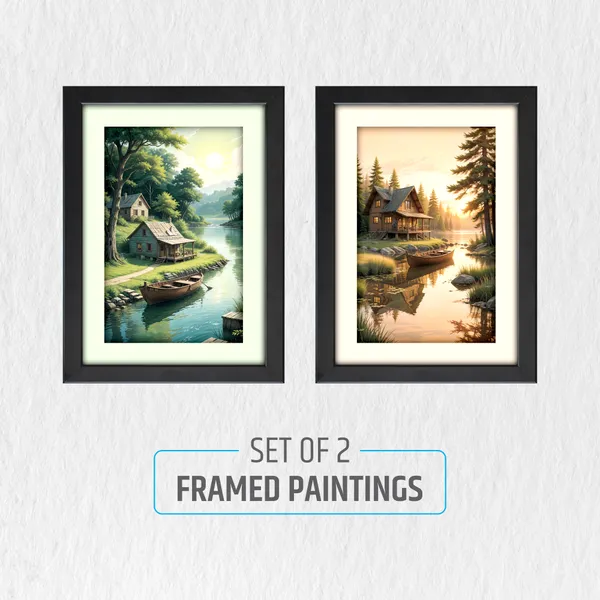 Wooden_Cottage_&_Boat_Landscape_Wall_Art_(_Set_of_2)