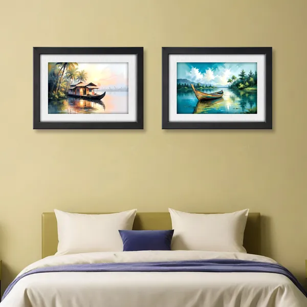 Wooden_Boat,_Palm_Trees_&_Water_Landscape_Art__(_Set_of_2)