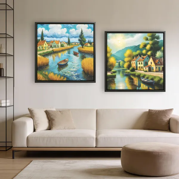 Riverside_Village_&_Mountain_Landscape_Canvas_Wall_Art