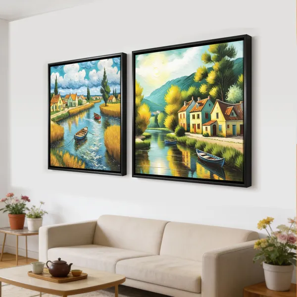 Riverside_Village_&_Mountain_Landscape_Canvas_Wall_Art