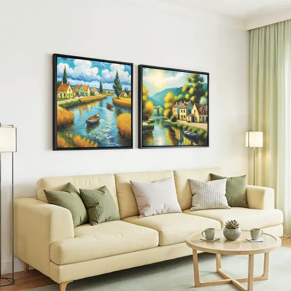 Riverside_Village_&_Mountain_Landscape_Canvas_Wall_Art