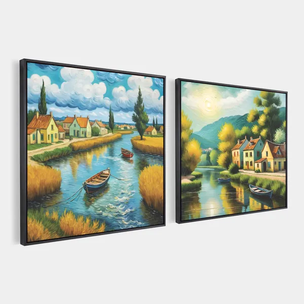 Riverside_Village_&_Mountain_Landscape_Canvas_Wall_Art