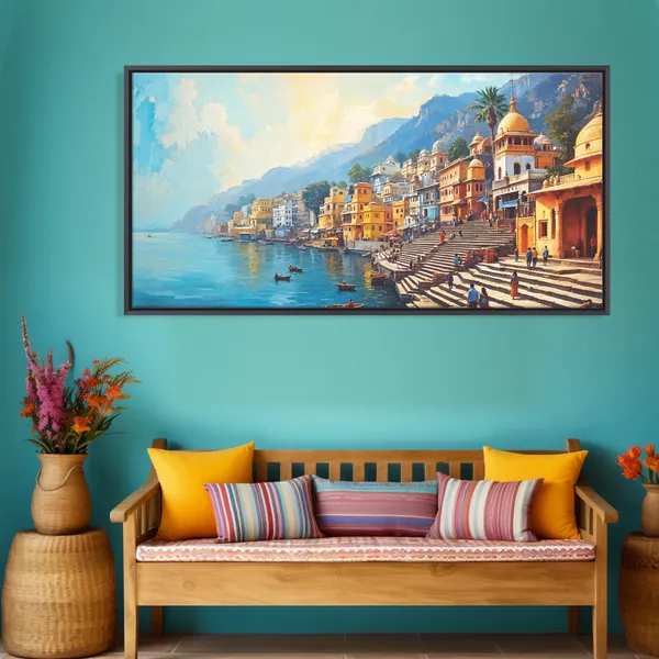 Indian_Heritage_Riverside_Ghat_Landscape_Canvas_Wall_Painting