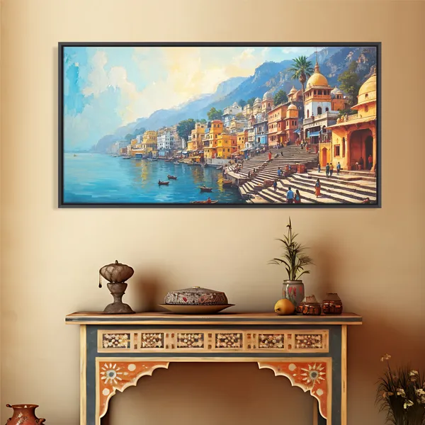 Indian_Heritage_Riverside_Ghat_Landscape_Canvas_Wall_Painting