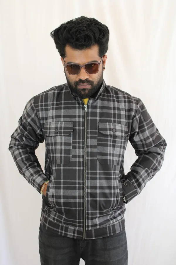 Black_Polyester_Checked_Zip_Up_Jacket_For_Men