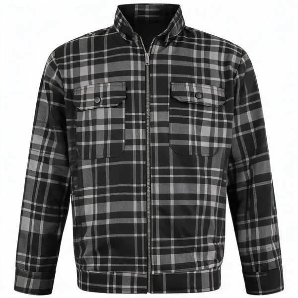 Black_Polyester_Checked_Zip_Up_Jacket_For_Men