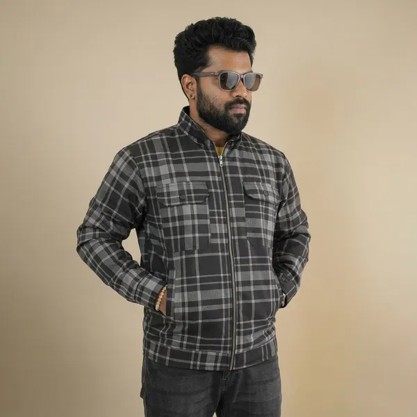 Black_Polyester_Checked_Zip_Up_Jacket_For_Men