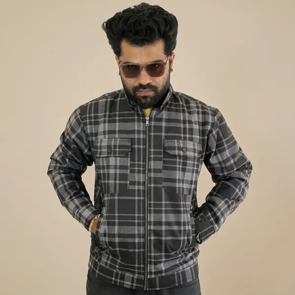 Black_Polyester_Checked_Zip_Up_Jacket_For_Men