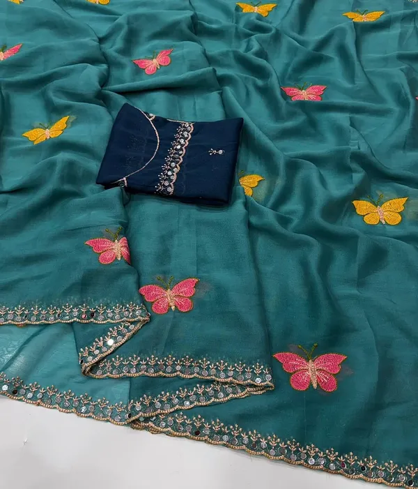 Teal_Butterfly_Chiffon_Saree