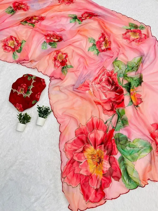 Pink_Floral_Print_Chiffon_Saree