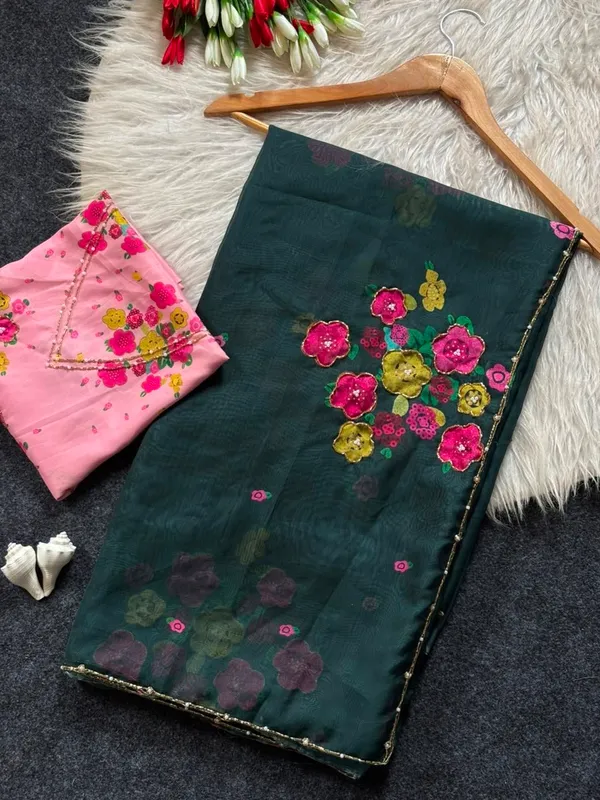 Teal_Mini_Flower_Chiffon_Saree