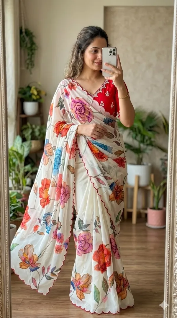 White_Floral_Print_Chiffon_Saree
