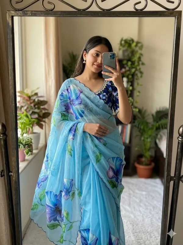 Blue_Floral_Print_Chiffon_Saree