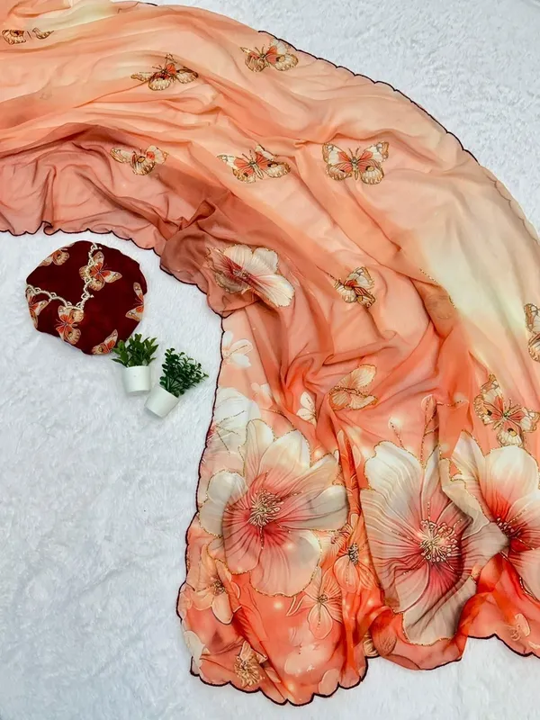 Peach_Floral_Chiffon_Saree