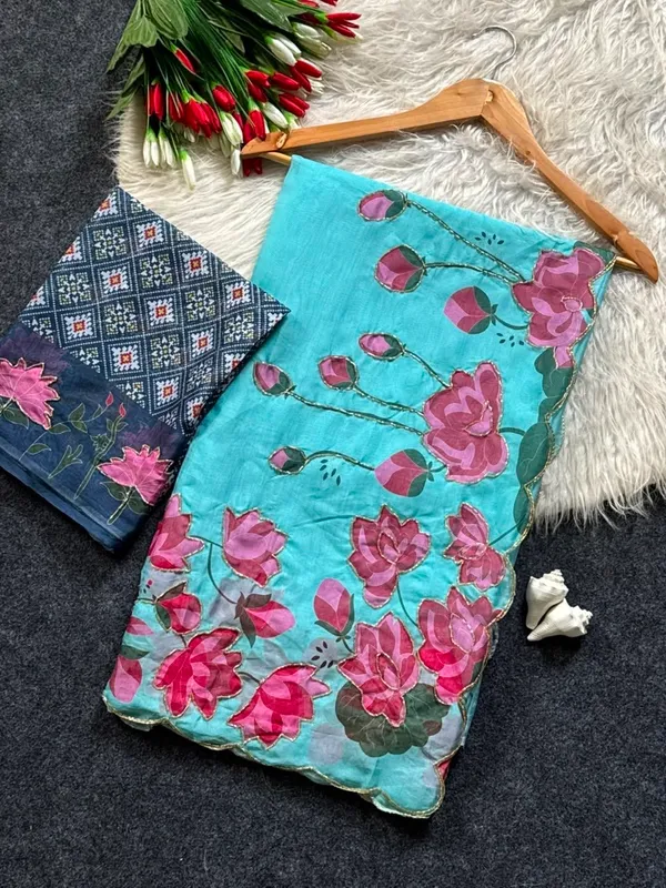Turquoise_Floral_Chiffon_Saree