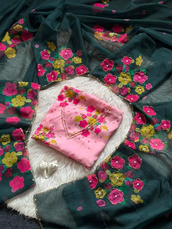 Teal_Mini_Flower_Chiffon_Saree