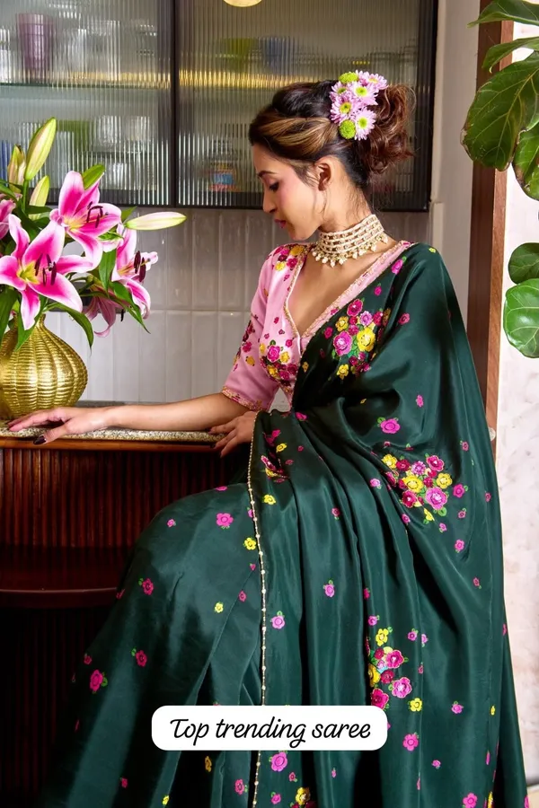 Teal_Mini_Flower_Chiffon_Saree