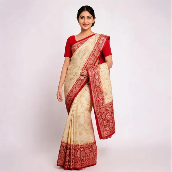 White_Red_Border_Katan_Silk_Banarasi_Saree