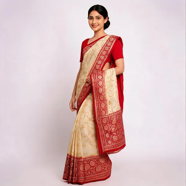 White_Red_Border_Katan_Silk_Banarasi_Saree
