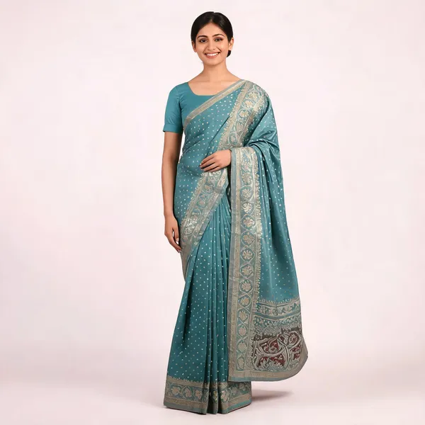 Turquoise_Satin_Banarasi_Saree