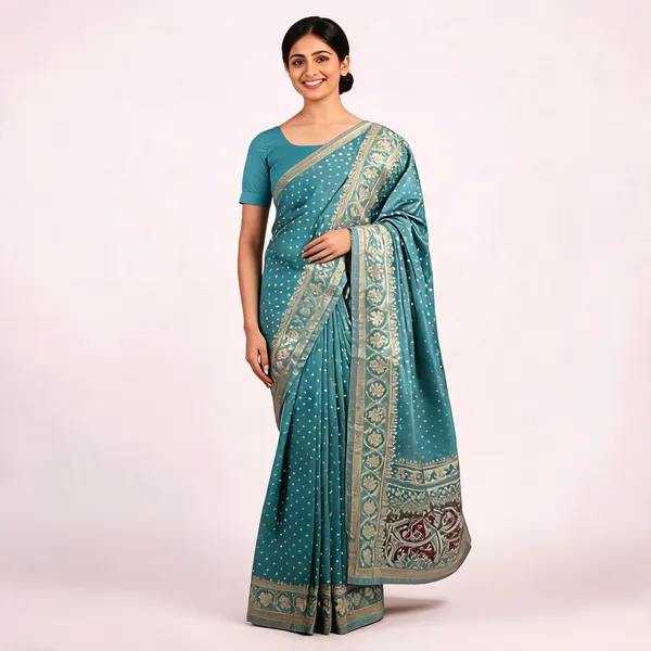 Turquoise_Satin_Banarasi_Saree