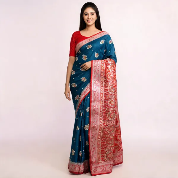 Teal_Blue_Satin_Banarasi_Saree