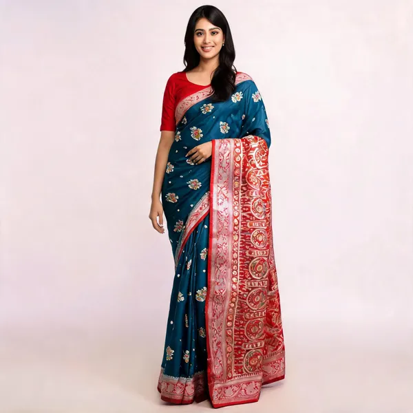 Teal_Blue_Satin_Banarasi_Saree